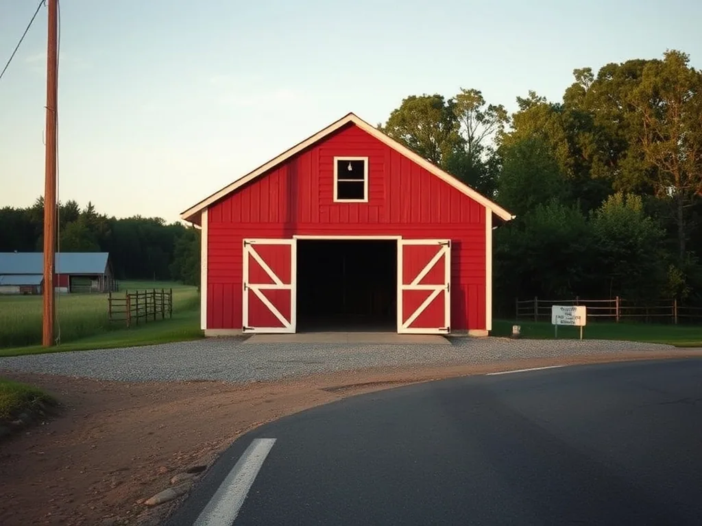 A small red barn with white trimmed doors standing open, seen from the shoulder of a two lane road in late afternoon, gravel apron in front of it.
