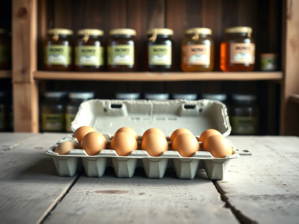 An open carton of brown eggs on a pale wooden table with a shelf of honey jars behind it in dim barn light.