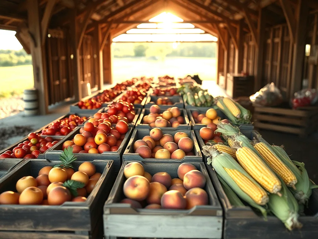 Rows of wooden crates of tomatoes, peaches and sweet corn on tables inside an open sided barn, low sun coming through the far doorway.